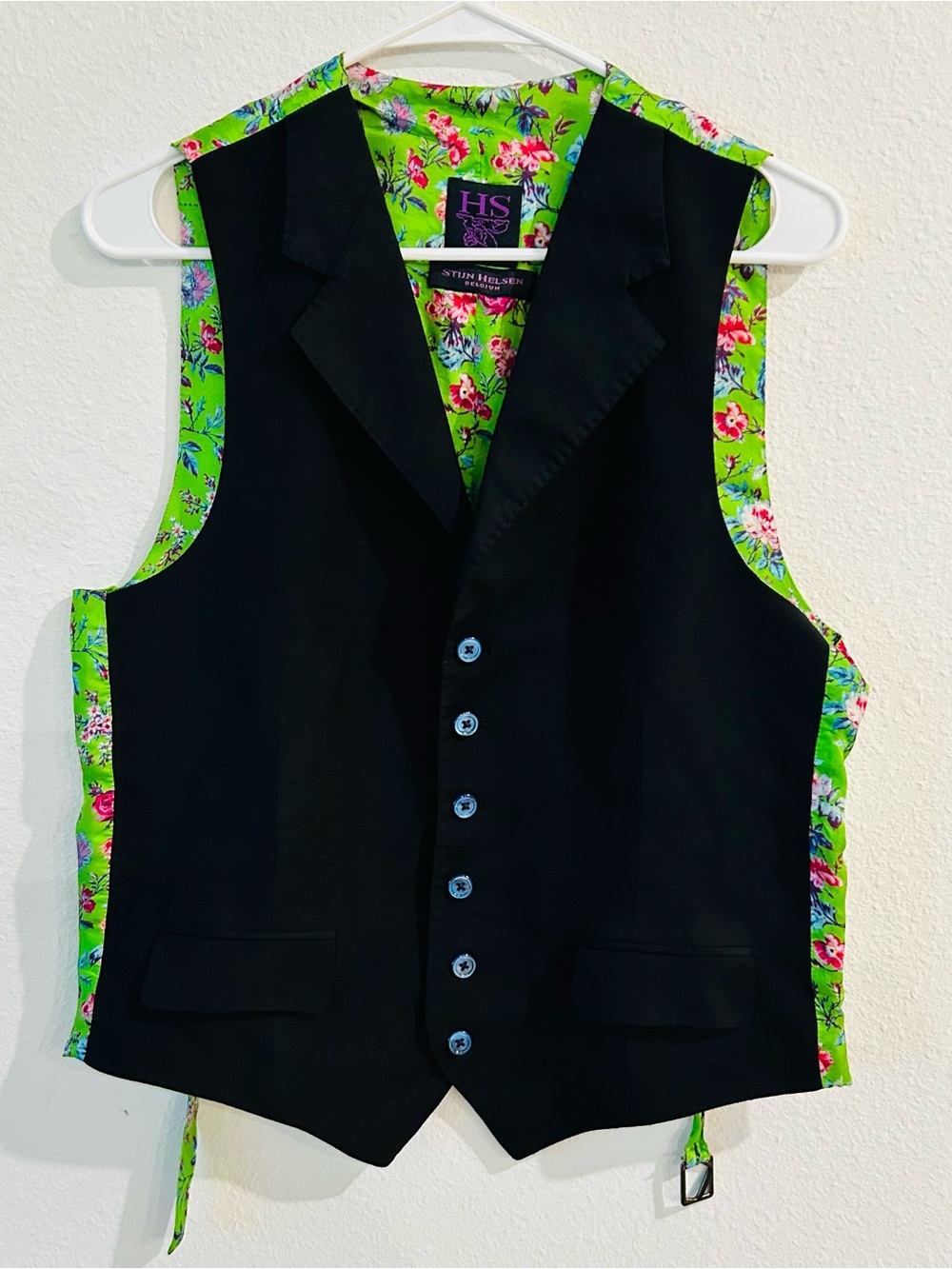Stylish Black Men's Vest with Vibrant Green Floral Lining